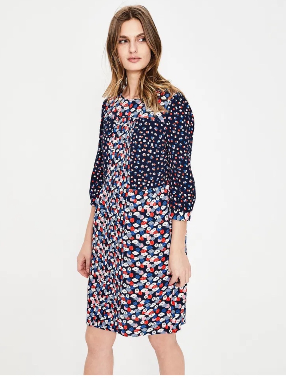 Boden Navy Floral Dot Print Long-Sleeve Shift Dress